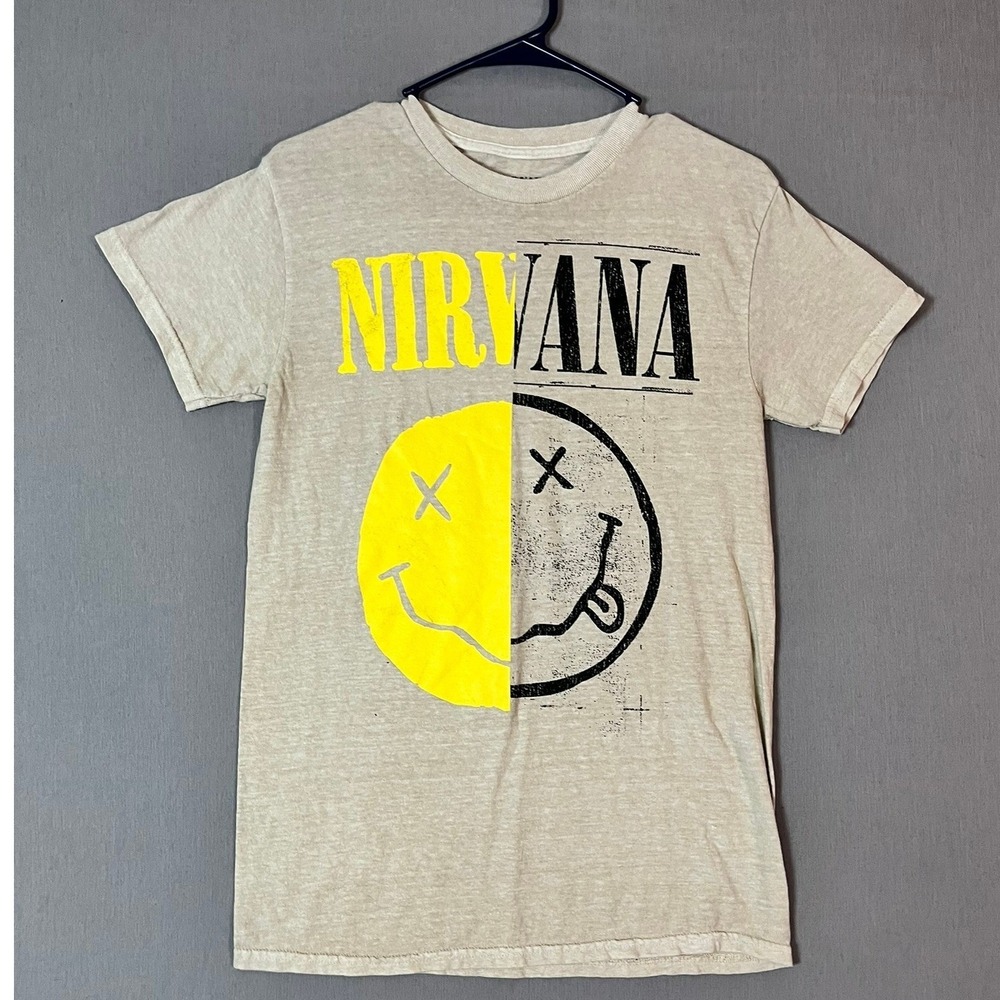 Nirvana Graphic T-Shirt XS Cotton Tan Smiley Face Logo EUC